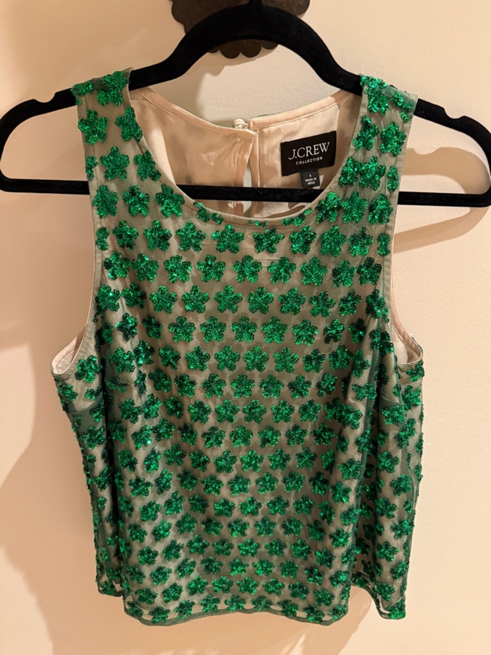 J. Crew Green Sequin Floral Sheer Sleeveless Top Small